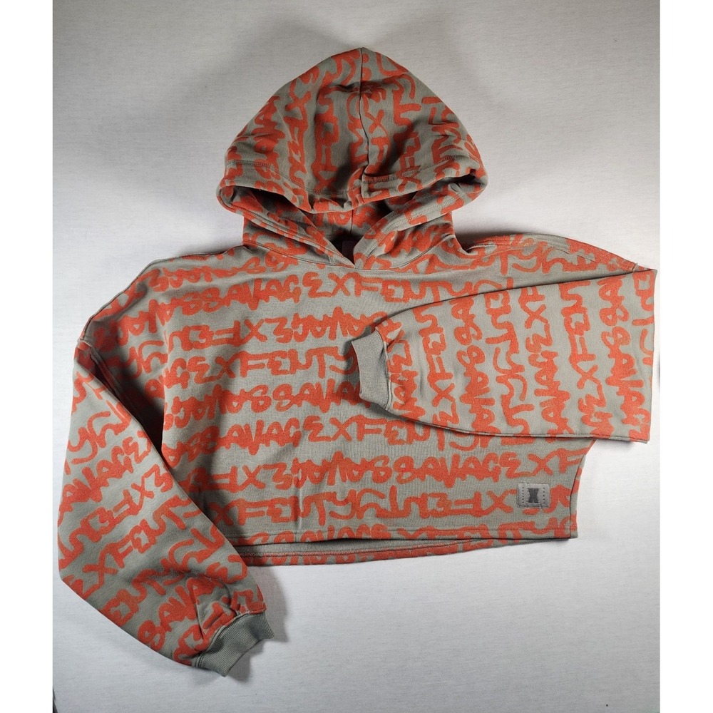 Savage X Fenty Womens Grey Orange Graffiti Print Cropped Hoodie Sweatshirt Small